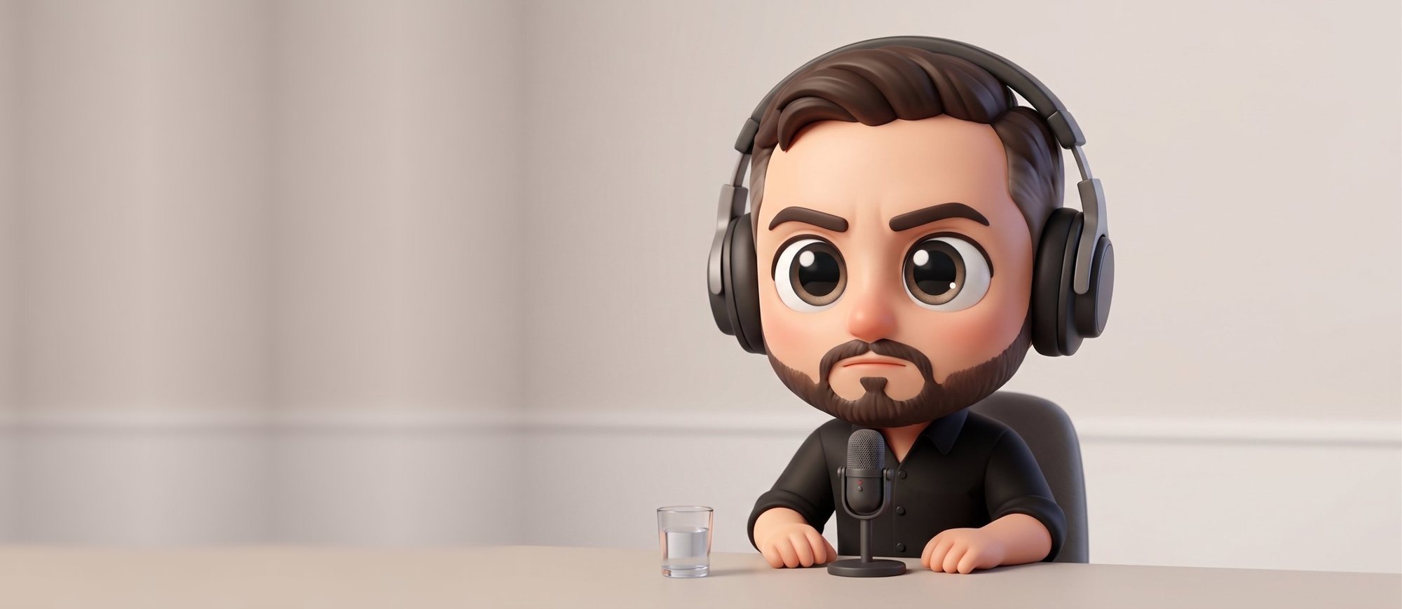 Caricatura 3D de José Ángel con audífonos y micrófono, sentado a una mesa